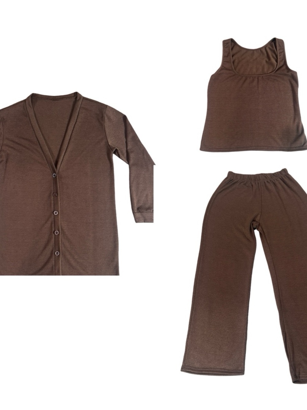 Brown 3-Piece Knit Sweater Set Cardigan Tank Wide Leg Pants XL - Picture 2 of 10